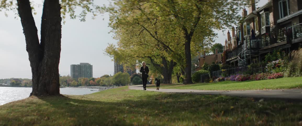 A woman walks her dog on a path in a city park