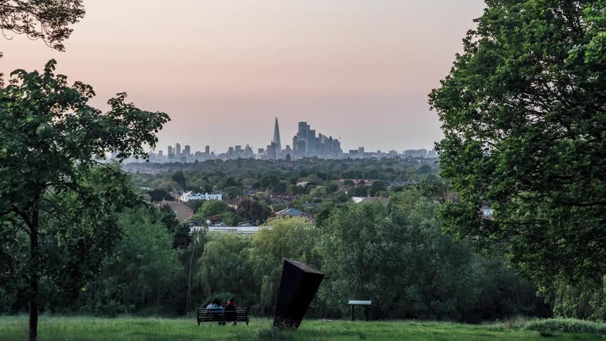 Time lapse of trees and houses in the foreground with a clear view of a city skyline