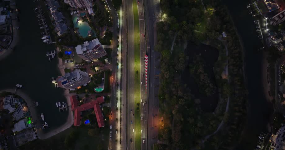 Aerial view of traffic on a highway in the city at night