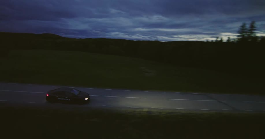 Vehicle passing on a road at night amid vegetation