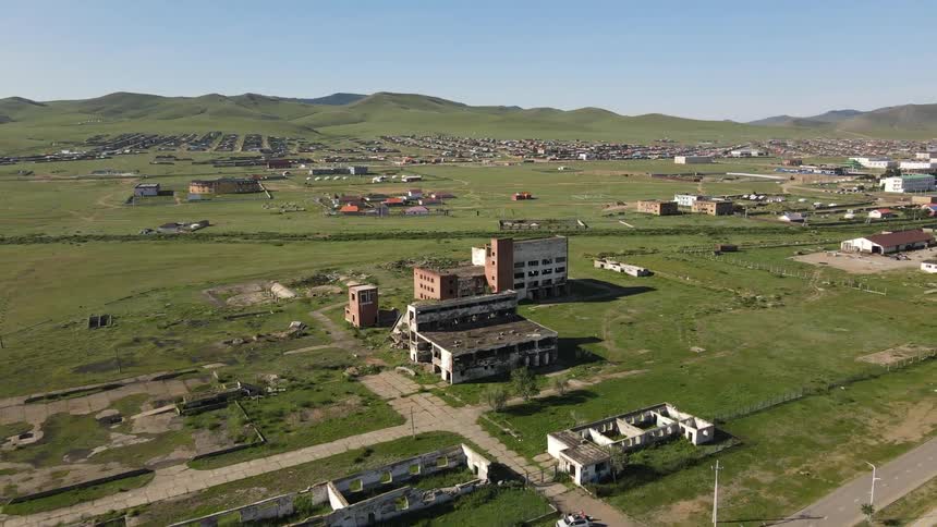 Aerial of abandoned buildings in a rural town