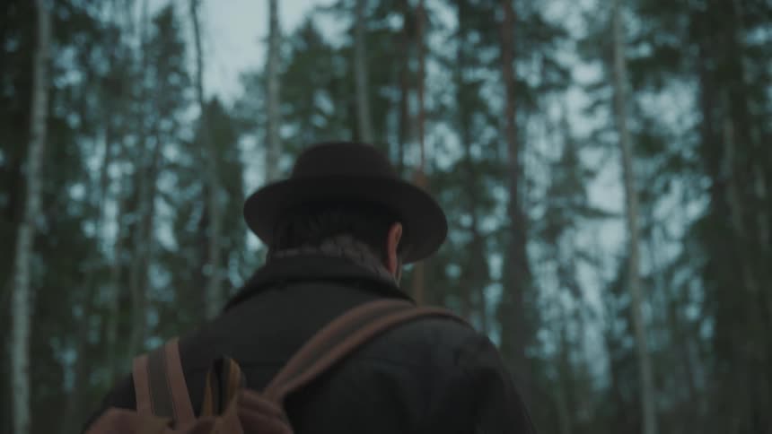 A man in a hat walking through the forest at dusk