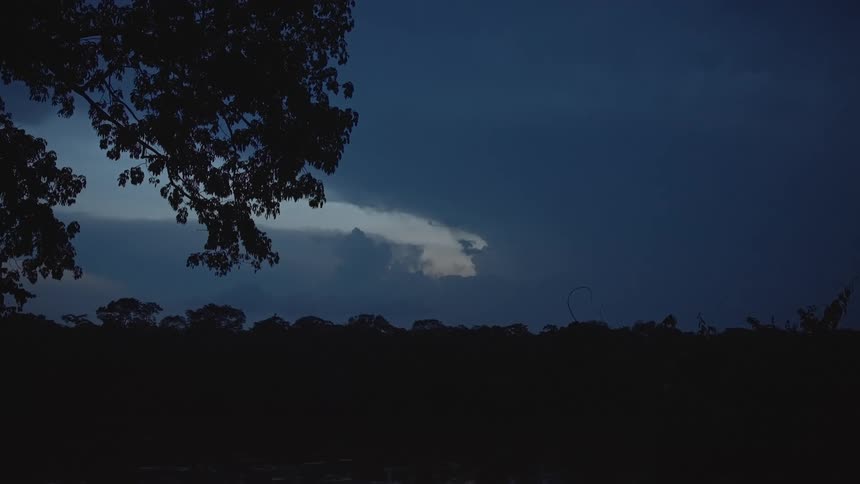 Lightning brightens dark storm clouds over woods at night