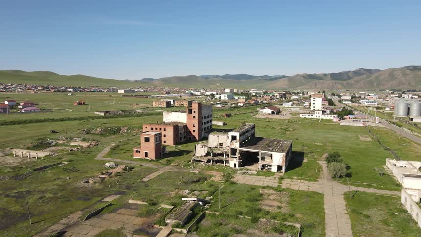 Aerial view of abandoned buildings in a small town