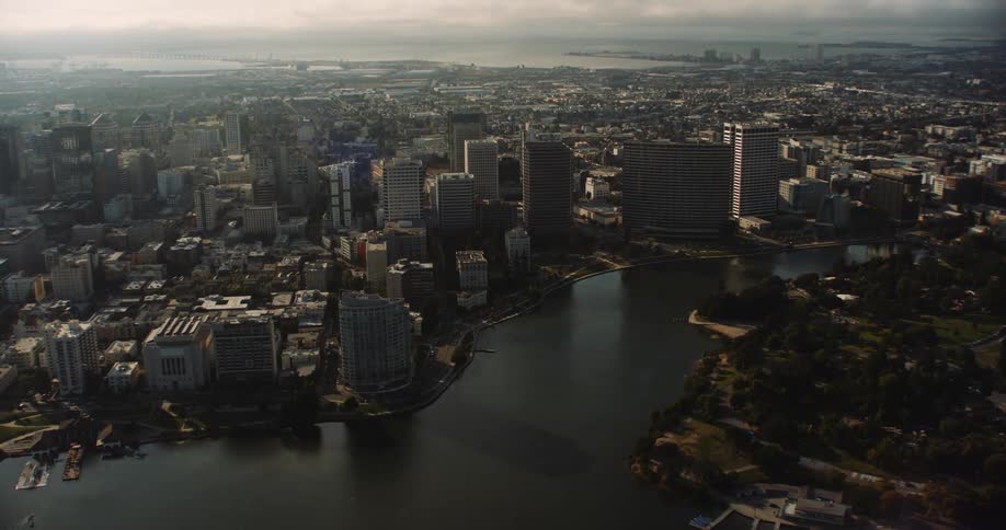 Helicotper aerial of Lake Merritt and Oakland, California