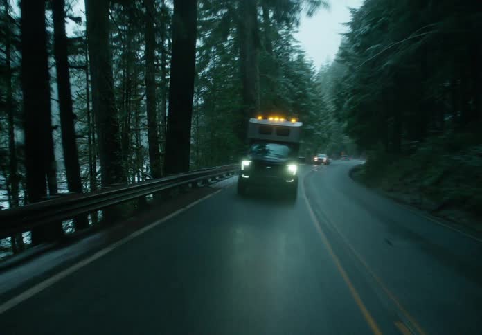 A truck driving on a freeway during winter