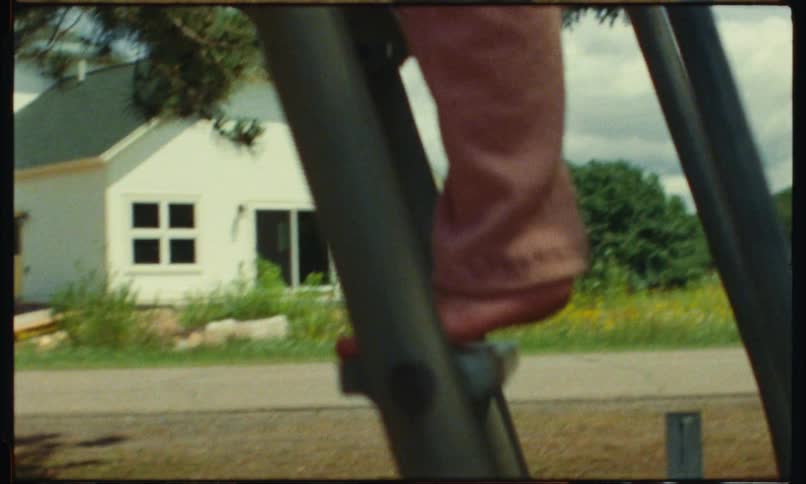 Child climbs the stairs of a slide next to the house