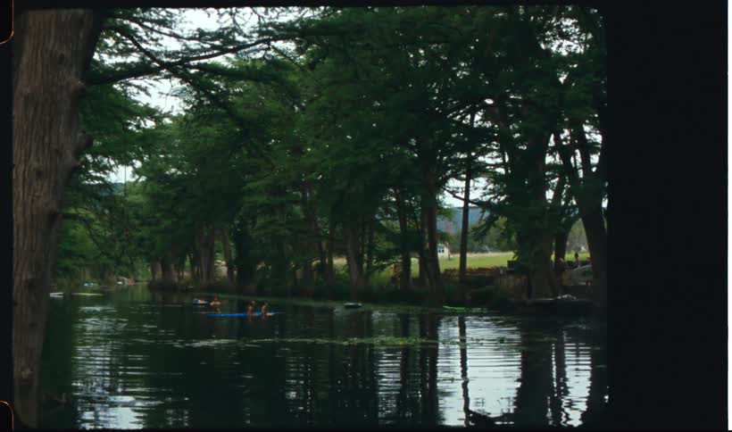A boat on a lake with people in it and a person jumping into the lake from the bank of the river