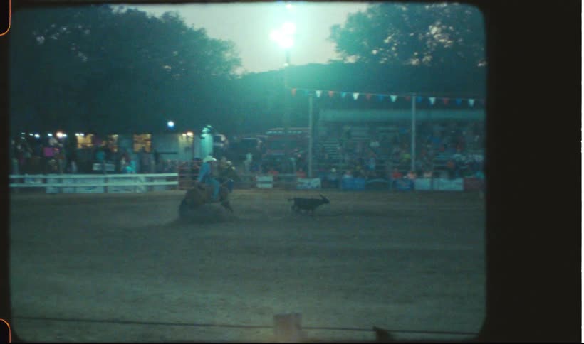 Man on horseback trying to capture a running calf while the public watches at a rodeo