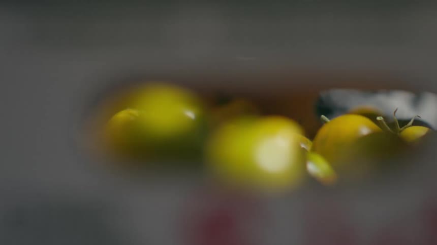 Various orange and yellow fruits falling into a container