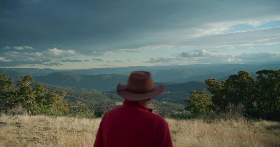 A person with his back and hat is looking at the horizon landscape