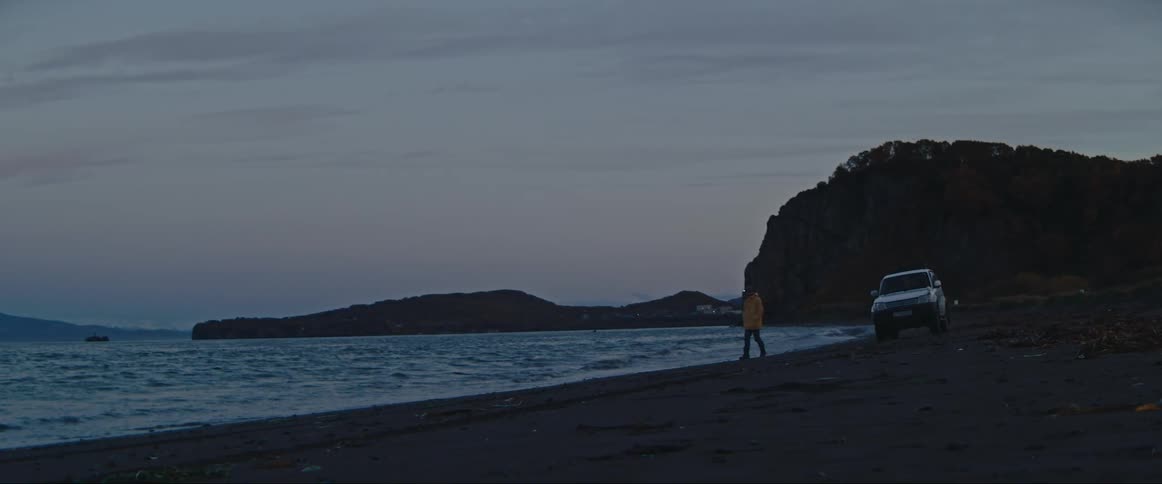 Man exits a car parked on the beach to stand in the shoreline at sunset