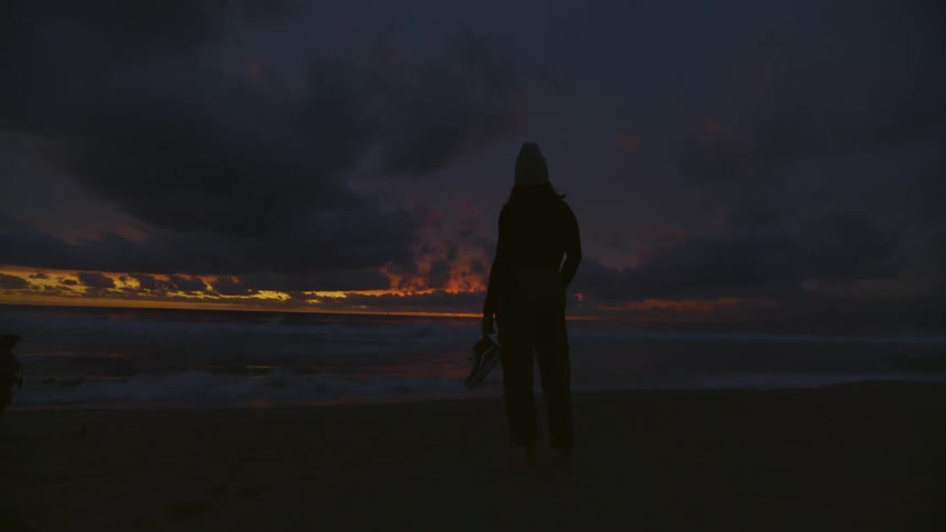 Two people wearing jackets on a beach at dusk