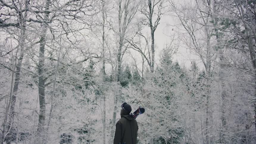Skier holding skis turns and looks at frost covered forest trees during winter