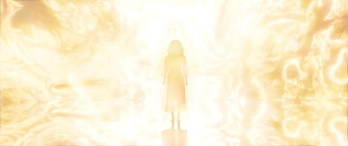 Clouds with bright lights surround the woman