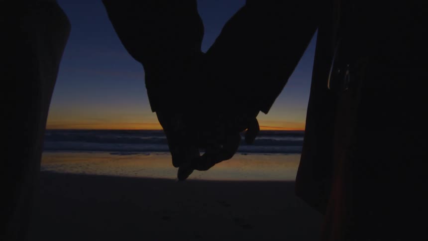 A silhouette of two people holding hands on a beach