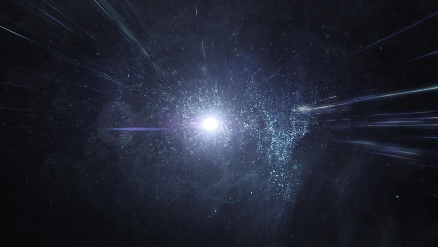 A cgi of a bright star in the universe and several particles passing quickly to the sides
