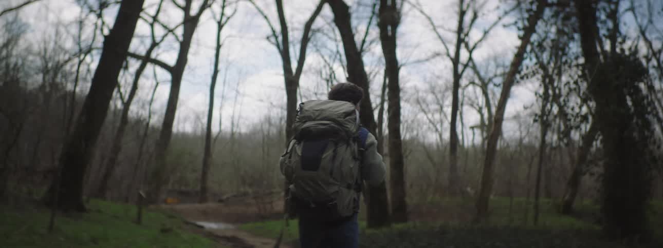 A backpacker walking a path through the woods