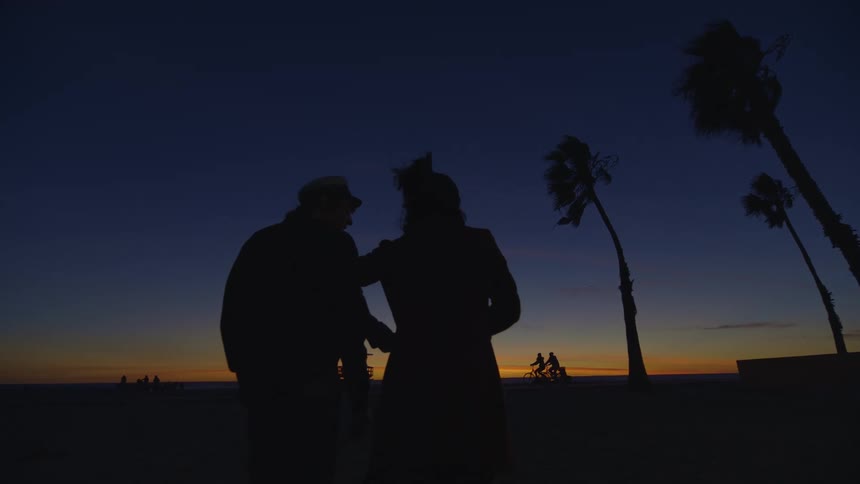 Two people walk together at sunset