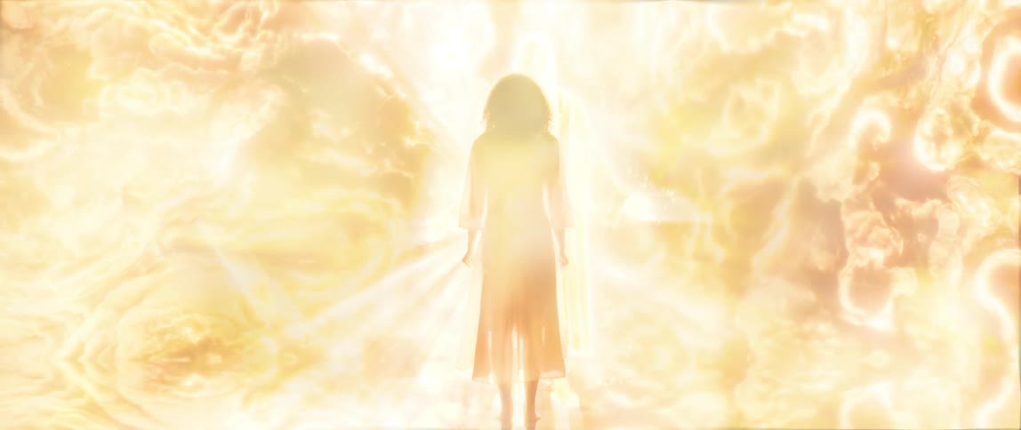 A woman is surrounded by bright lights and clouds
