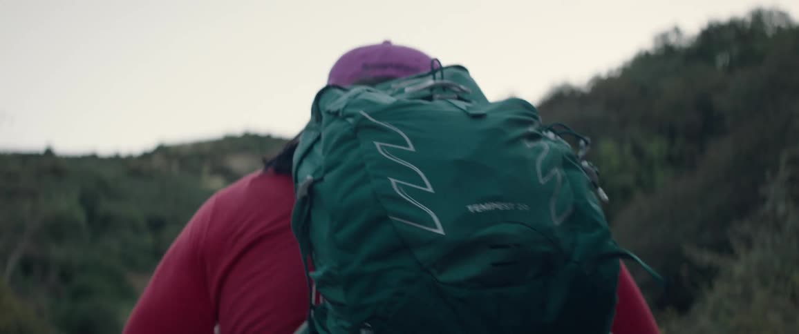 A woman wearing a backpack uses poles while hiking uphill