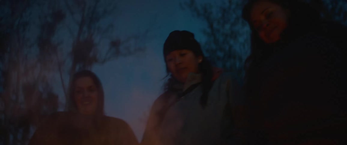 Friends sitting around a campfire at night in a forest