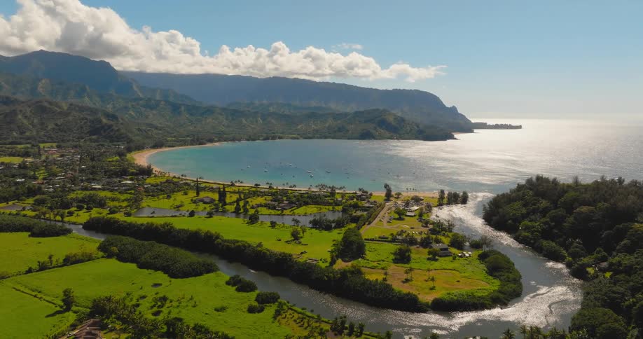 Homes are on the shore line of the tropical island