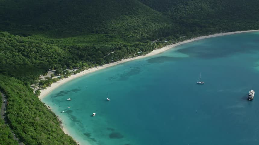 Aerial view boats in ocean bay cove lined by greenery