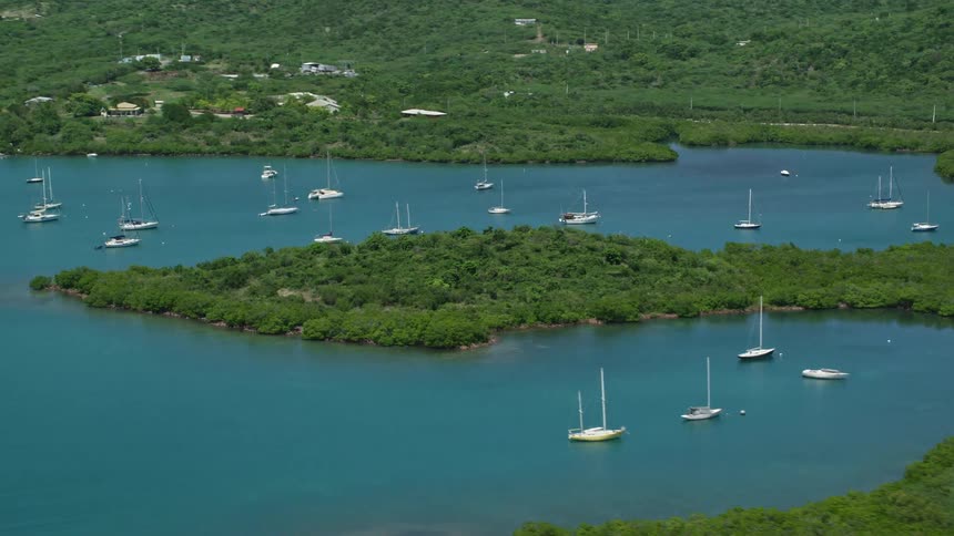 Aerial panorama of small boats and yachts in a bay