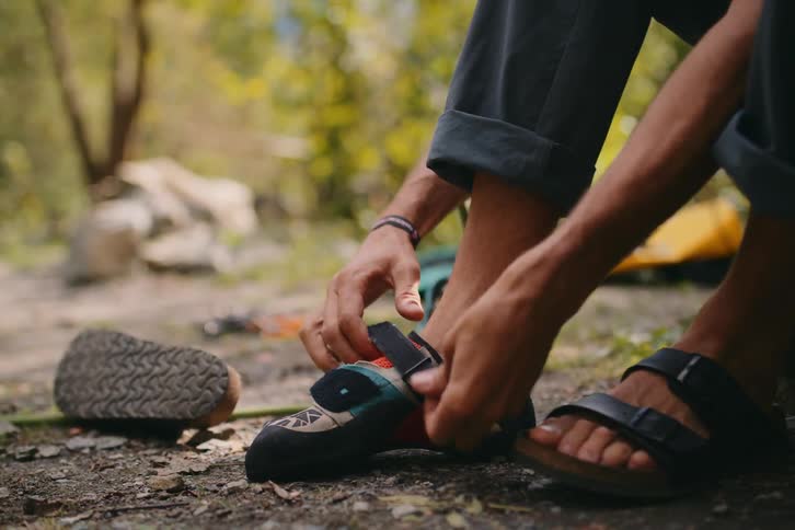 A man in the woods changing shoes from sandals to sports shoes