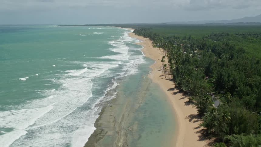 Aerial panorama of a beach with tropical trees and turquoise blue sea
