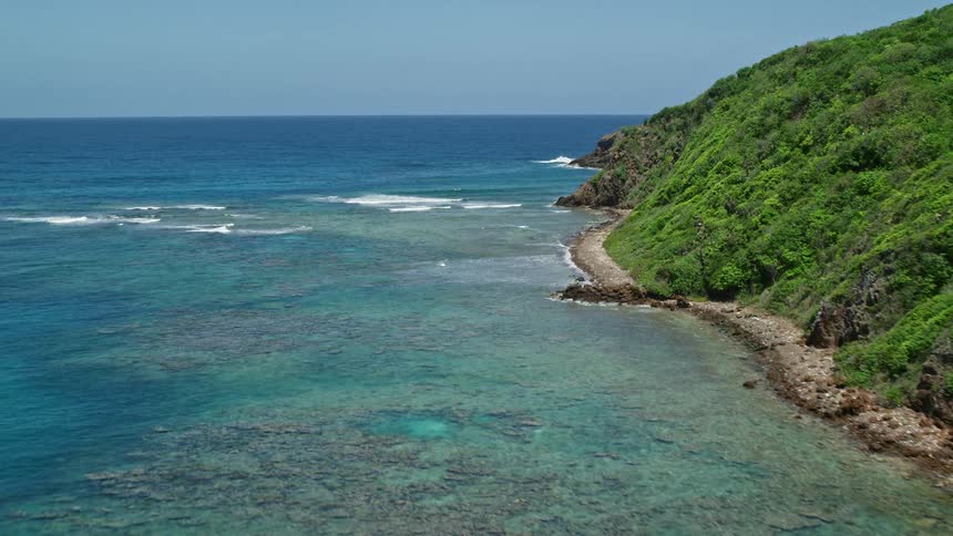 A region of the sea coast with crystal clear water and on land there is a lot of green vegetation