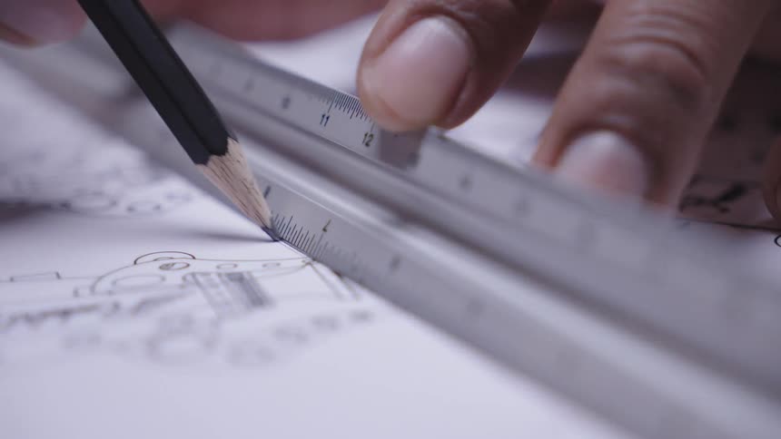 Close up of a man using a pencil and a ruler to draw a line over a blueprint