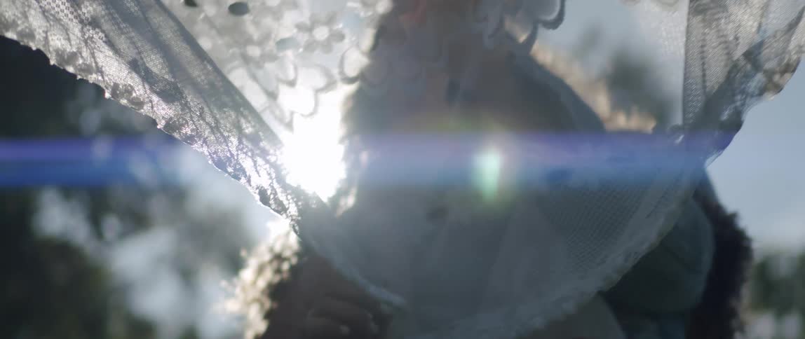 A woman with her hand outstretched behind a veil