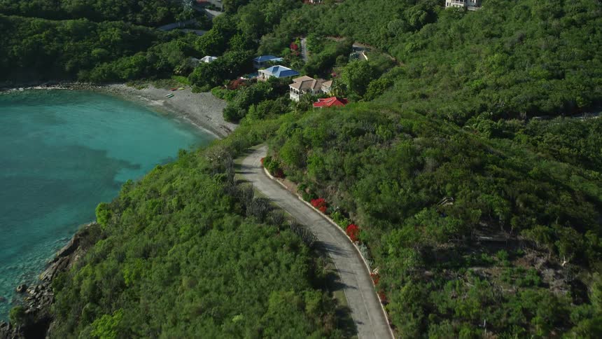Aerial view coastal homes vegetation covered hillside boats in ocean cove