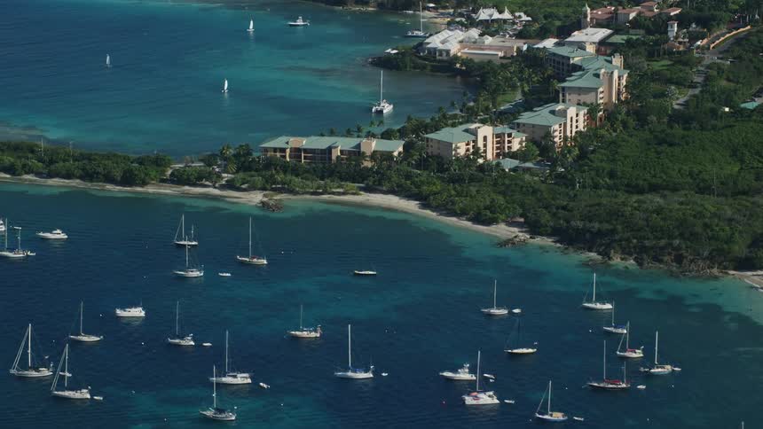 An aerial view of a cove with many parked boats and on the land there are many trees and several residences and buildings near the beach