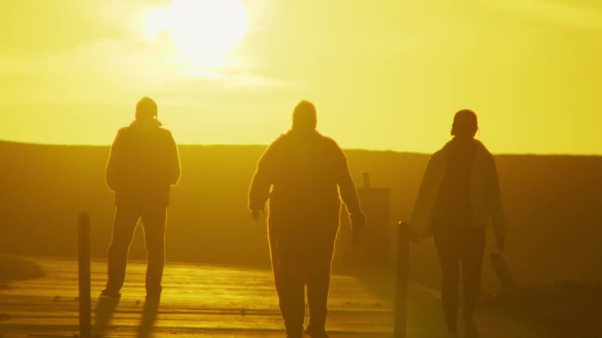People walking in a park with a yellowish sunset