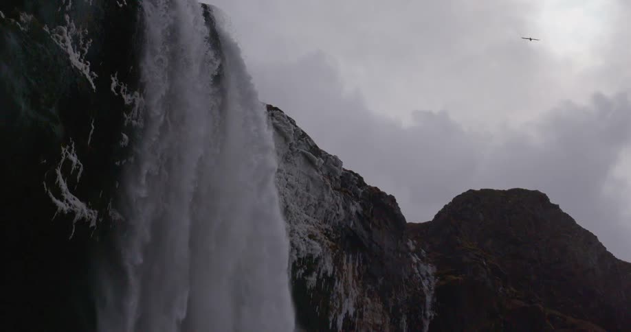 A bird flies in the cloudy sky above a waterfall