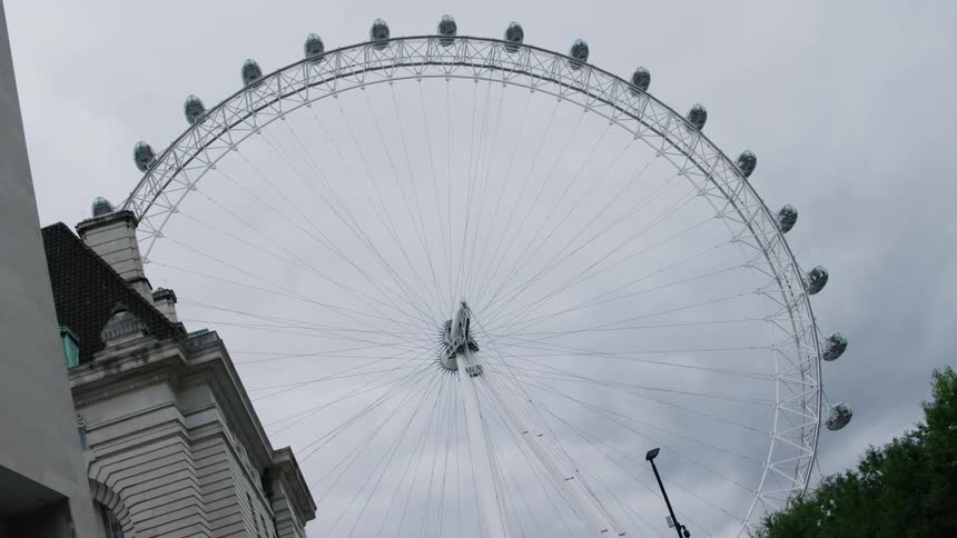 Distorted angle overlooking a metropolis with a huge ferris wheel on a cloudy day