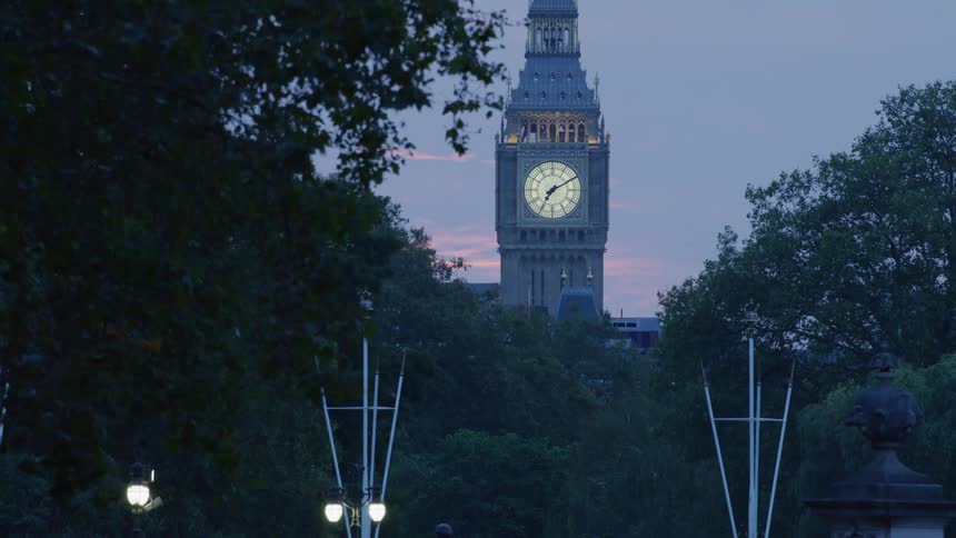 Big ben clock tower seen through trees at dusk
