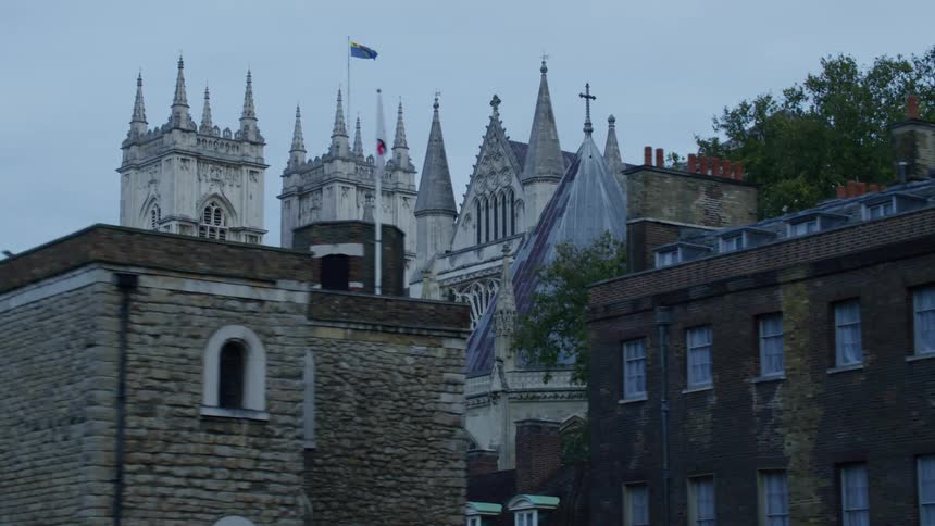 A flag flies on top of the church