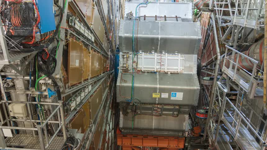 View from inside a factory with engines and cables