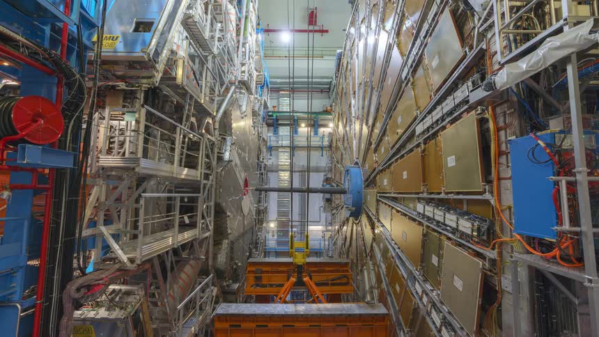 Upward view inside a factory with largescale equipment in timelapse