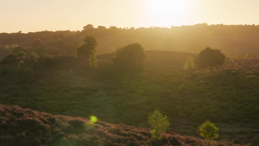 Aerial panorama of a mountain range with vegetation and the sunset on the horizon