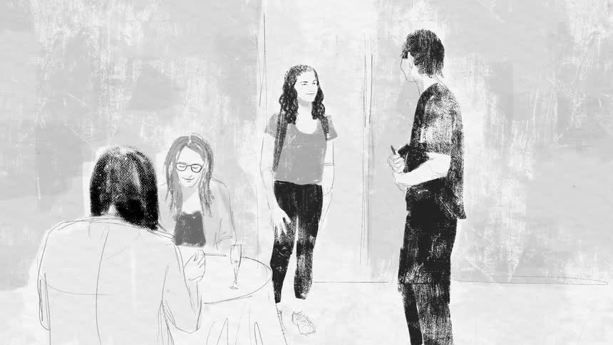 Frame from a black and white animation of people standing and others sitting at a table with glasses talking