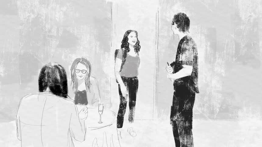 A teenage girl walks into a room and talks to a boy standing there