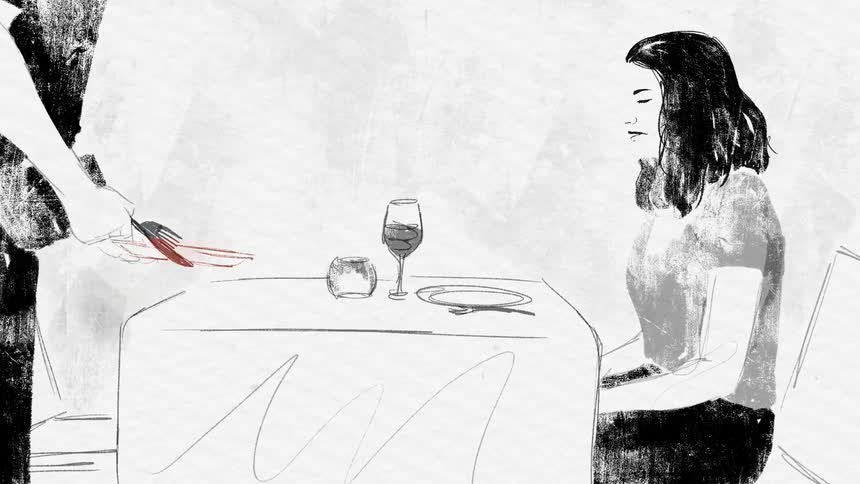 Animated black and white drawing of a woman sitting at a table