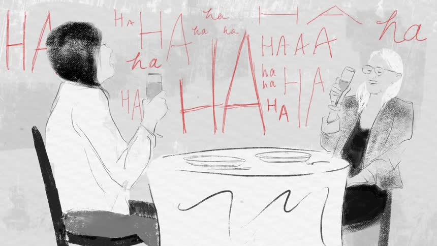 A drawing of two people drinking wine