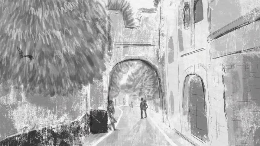 People on a narrow street with an archway over the road