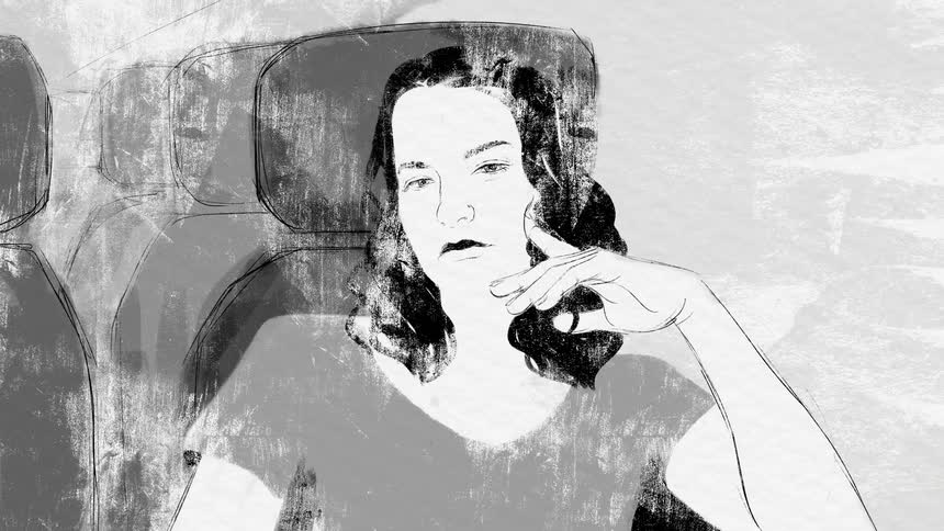 During animated interaction between drawn woman and child in passenger seating a bag changes to red to contrast with gray scene